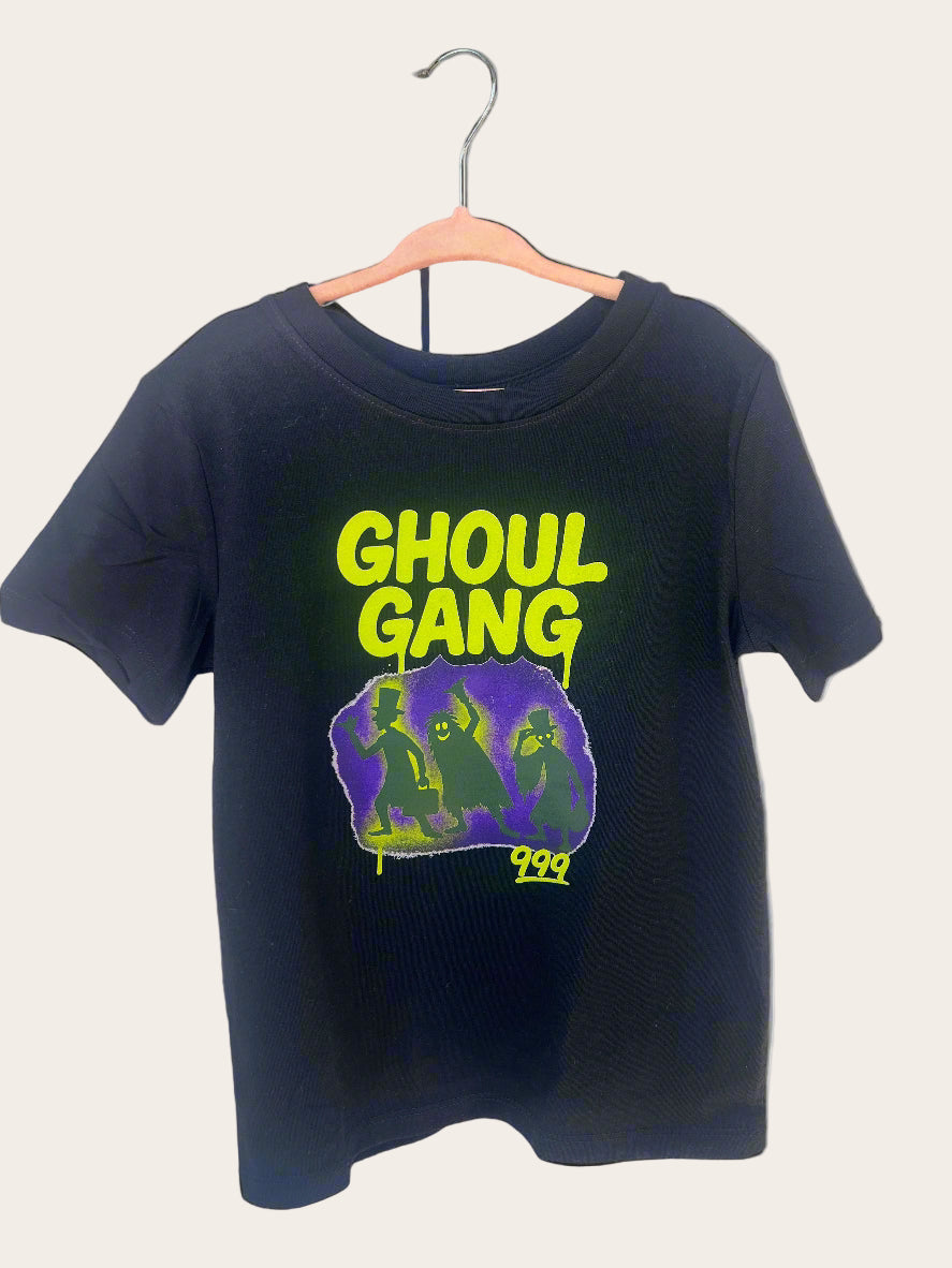Black t-shirt with 'Ghoul Gang' graphic on a hanger against a white background
